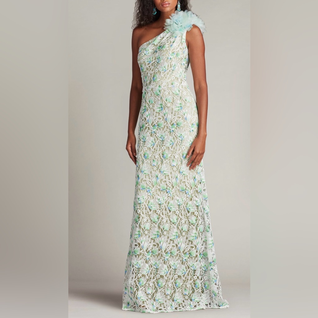 Tadashi Shoij Kahli 3d Floral Embroidered Gown Chy25433l-Waloe Nwt